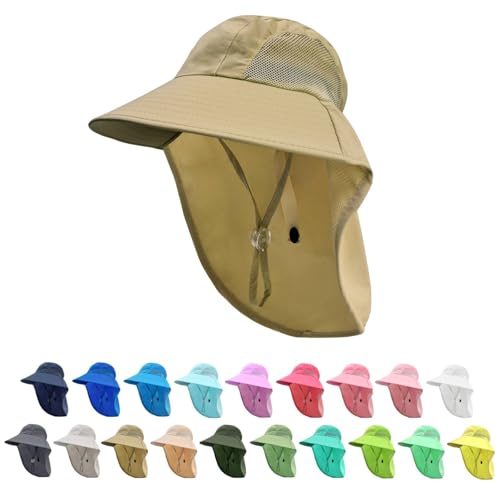 Image of Rosoz Kids Sun Hat with Neck Flap UV Protection Summer Toddler Beach Hat Unisex Ponytail Hat Wide Brim Fishing Hat