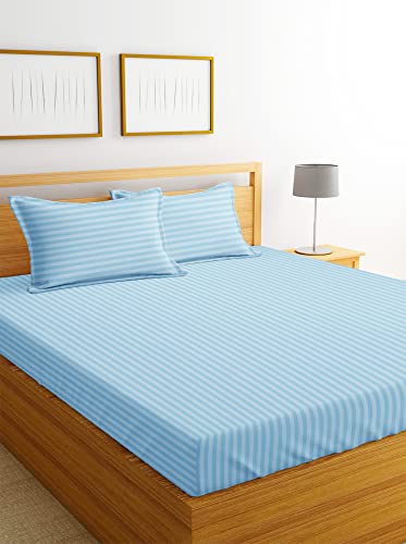 Image of VAS COLLECTIONS Premium Glace Cotton Solid /Stripe King Bedsheet with 2 King Size Pillow Covers | Double Bed with 210 TC Glace Cotton | Size - King Size 90x100 inches - Aqua