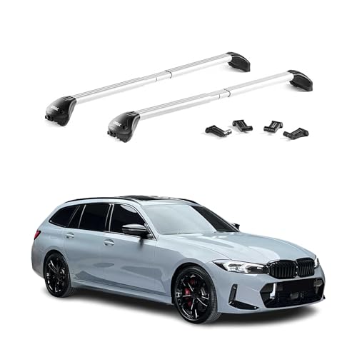 OMAC Barre portapacchi portapacchi compatibili con BMW serie 3 Touring F31 G21 2012 – 2025 in alluminio ABE da 100 kg, argento, 2 pezzi, barre chiuse per portabiciclette, box da tetto, portasci