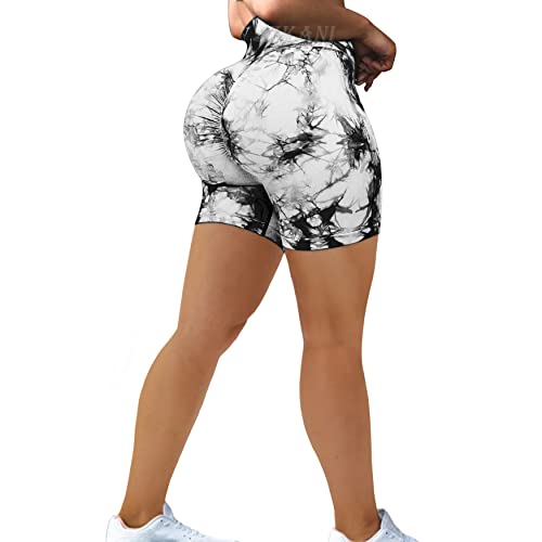 SZKANI Tie Dye Seamless Workout Shorts Scrunch Butt Lifting Biker Shorts High Waisted Yoga Shorts for Women((F-Tie Dye)-Black White,Medium)