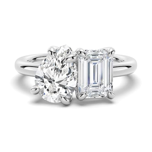 MSBLUE® 14K White Gold Vermeil 4ctw Toi et Moi Emerald Cut & Pear Cut Moissanite Engagement Ring | Perfect for Engagement, Wedding, Anniversary