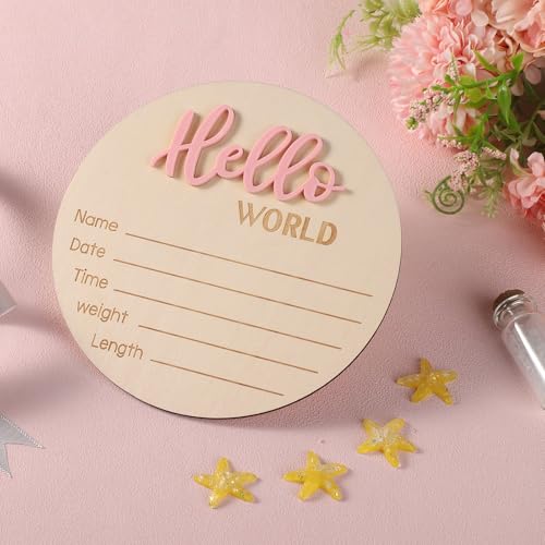 Ankündigungsschild Baby, 15cm Holzschild Hello World Baby-Willkommensschild Namensschild Baby Geburt für Neugeborene Jungen Und Mädchen Babyparty Krankenhaus Kinderzimmer (Hell-Pink)