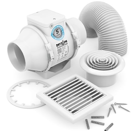 Dryzone In-Line Extractor Fan Kit with Timer (100mm White) | For Lofts or Ceiling Voids | Includes External & Internal Vents Flexible Ducting