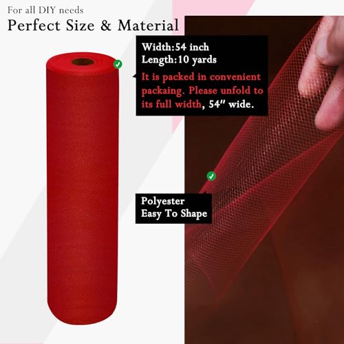 Image of Red Tulle Fabric Rolls 54 Inch by 10 Yards Fabric Tulle Bolt for Wedding Christmas Decorations Gift Wrapping DIY Tutu Baby Shower Table Skirt Birthday Party Craft Supplies