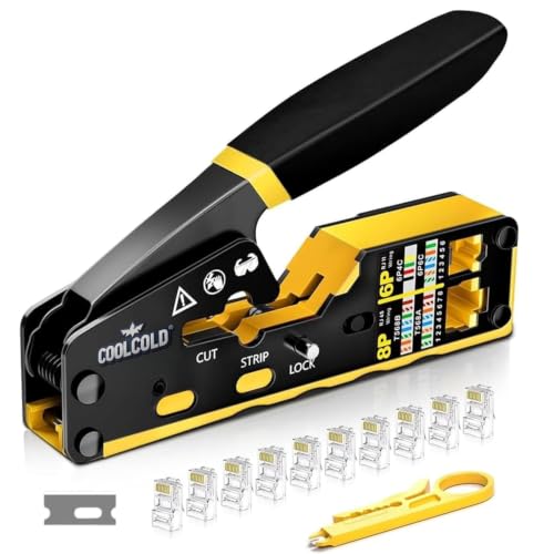 Image of COOLCOLD RJ45 Crimping Tool for Cat6 /Cat5e /Cat5 Ethernet Cable | Pass Through Network Crimper with Wire Stripper, 10 Cat6 Pass Through Connectors | LAN Cable Crimp Tool for Router &Networking Repair