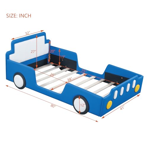 Image of Race Car Shaped Platform Bed with Wheels, Twin Size Wood Low Floor Bed Frame with Headboard and Footboard, Upholstered Bed with Rails, No Box Spring Needed, Blue