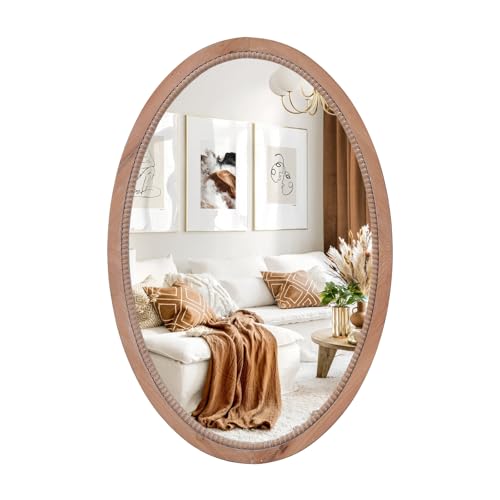 sawsile Oval Wood Mirror,20x30 inch Rustic Farmhouse Natural Wooden Frame Boho Beads Wall Mirror for Bathroom,Living Room,Bedroom or Entryway