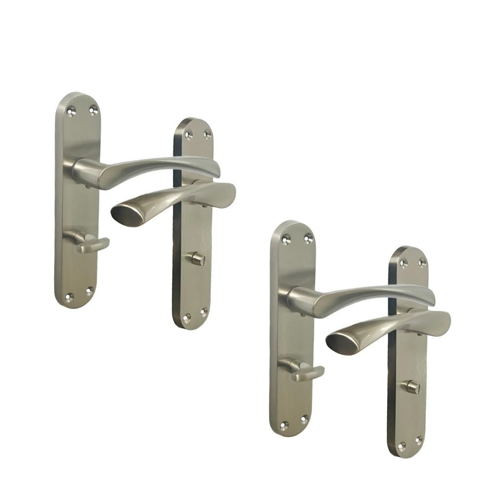 Epsom Door Handle Satin Nickel Twist Door Handle Set Interior Latch Lever on Long Backplate in 1 or 2 Pairs Optional Sash Lock (2 Pair of Bathroom Handles)