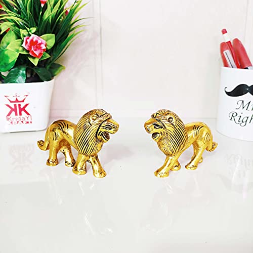 Image of KridayKraft Metal Lion Pair in Fine Finishing & Decorative for Home /Office & Table (Gold, Standard), 11 cm , 5 cm