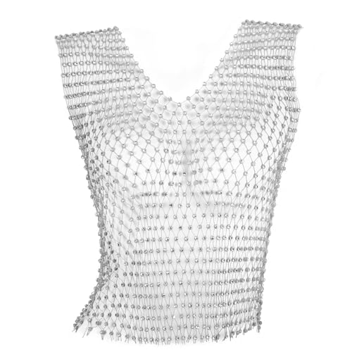 Jokesky Rhinestone Crystal Crop Top, Sleeveless Mesh Body Chains, See Through Mesh Diamond Fishnet Shirts Outfits Silver