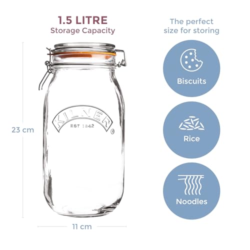 Image of Kilner Premium 1.5L Round Airtight Glass Jar with Clip Top Lid for Coffee, Tea, Flour, Pulses, Grains, Lentils, Biscuits | Transparent, Reusable Multipurpose Kitchen Storage Container
