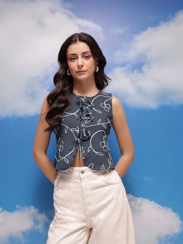 Image of Amazon Brand - INKAST Women Textured Sleeveless Peplum Tunic Top|Round Neck Multi-Tie Front Blouse|Casual Wear|