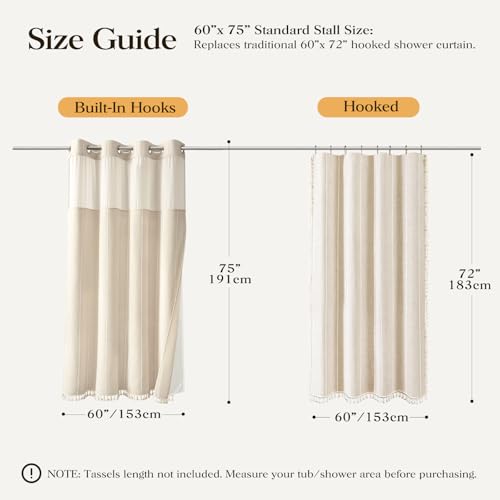 BTTN 3 in 1 Stall Shower Curtain Set, 60x75 Inch Narrow Boho Vintage Farmhouse Style, Waterproof Linen Fabric Shower Curtain with Tassel, Washable Snap in Liner with Magnets, Mesh Window, Beige/Cream by BTTN - Used condition - Image 2