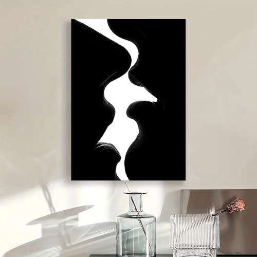 Tableau abstrait noir et blanc pour habiller un mur vide grand format 80x120cm avec cadre