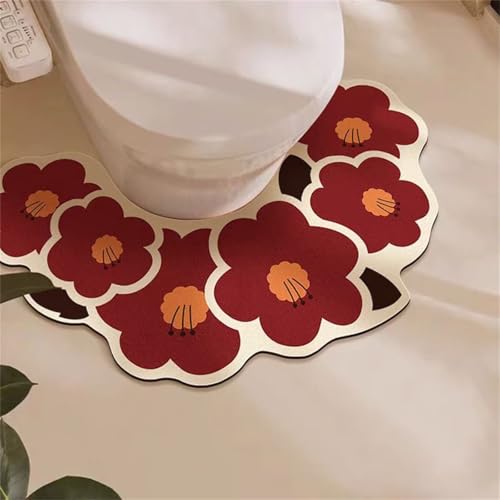 Highdi Toilet Mat U Shape, Flower Pattern Absorbent Quick Dry Non Slip U Shaped Toilet Floor Mat Diatomite Bath WC Rug Washable Easy to Clean for Bedroom (Burgundy,60x35cm)