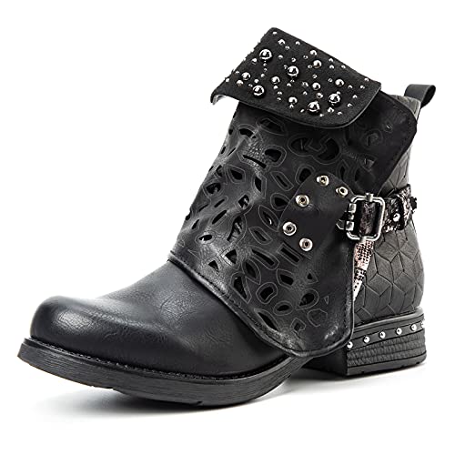 LALA IKAI Women Motorcycle Boots Combat Ankle Combat Boots with Studded Low Block Heels Biker Shoes Black/Gray/Brown