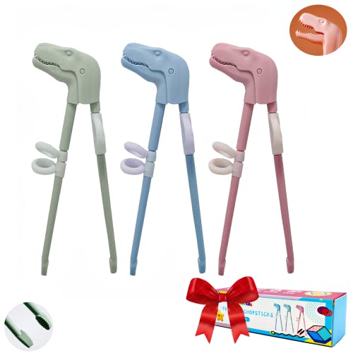 Training Chopsticks for Kids, Jawbush 3 Pairs Kids Learning Chopsticks, Cute with Dinosaur Head, Non-slippery Indented Tips and Adjustable Finger Holders, Easy to Use and Clean, Dishwasher Safe