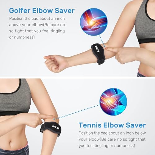 Image of Rakiie Elbow Brace for Tendonitis, Adjustable Golf and Tennis Elbow Relief for Men and Women (1, Blue-1 Pack)
