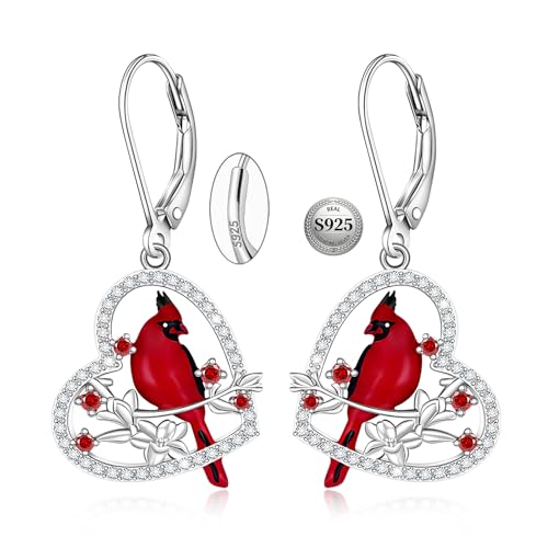 Cardinal Earrings for Women Sterling Silver 925 Red Cardinal Bird Earrings Dangle Cute Heart Cardinal Jewelry Memorial Valentines Mothers Day Gifts