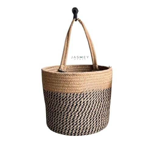 Image of JASMEY HOMES Wall Hanging Jute Basket for Vegetables /Newspaper Storage Box for Home /Milk Basket for Main Door Hanging from (Black)