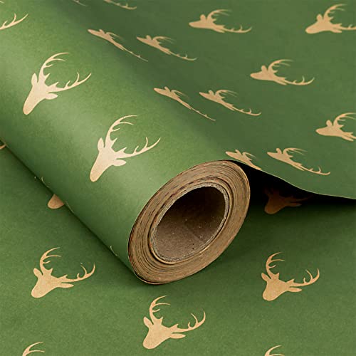 RUSPEPA Christmas Wrapping Paper Jumbo Roll Kraft Paper - Green Reindeer Design for Holiday Gift Wrap - 24 Inches x 100 Feet