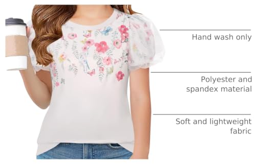 Image of Arshiner Girls Shirts Mesh Puff Short Sleeves Blouse Crewneck Cute Print Summer Kids Tee Tops