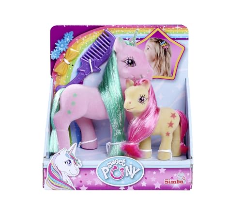 Simba Kleine Einhorn Familie, 2 Pferde, beflockt, mit Kamm und 2 Haarclips, 10-14cm, ab 3 Jahre