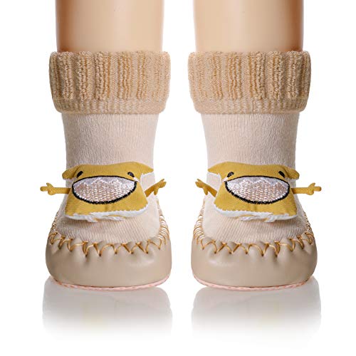 Baby Boy Girls Toddlers Cartoon Animal Moccasins Non-Skid Indoor Slipper Winter Warm Shoes Socks (6-12 Months, Khaki)