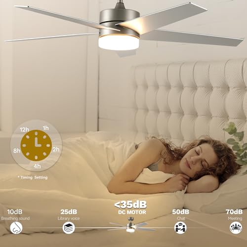 DWVO Ceiling Fans with Lights and Remote, 52 inch Silver Ceiling Fan with Reversible Quiet DC Motor, 3CCT Lighting,6 Speed, 5 Blade Fan for Bedroom Living Room