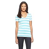 Merona Women's Ultimate V Neck Turquoise Striped T-Shirt (XX-Large)