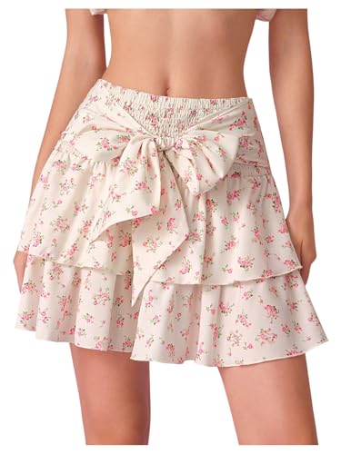 MakeMeChic Women's Floral Mini Skirt Tiered Tie Front Ruffle Smocked Summer Skirts