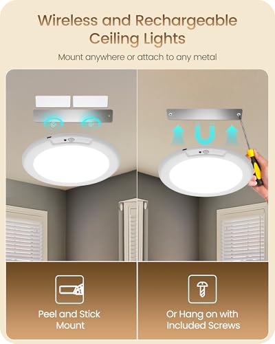 Image of 2 Pack Rechargeable Motion Sensor Closet Light with Remote, Wireless Ceiling Light, Battery Operated LED Ceiling Light, 3CCT, Dimmable Ceiling Light for Shower Stairs Garage Pantry Hallway