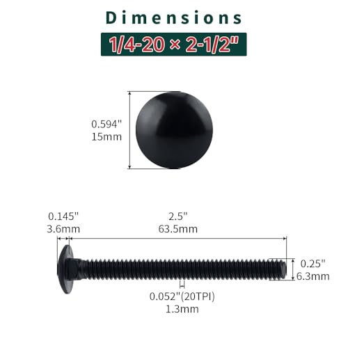 Image of 1 /4-20 x 2-1 /2 inch Black Carriage Bolts with Nuts and Washers Kits (10 Sets), 304 Stainless Steel 18 /8, Black Finish, Round Head, Square Neck, Heavy Duty Bolts, Indoor Outdoor Fastening Bolts, Fayeploo
