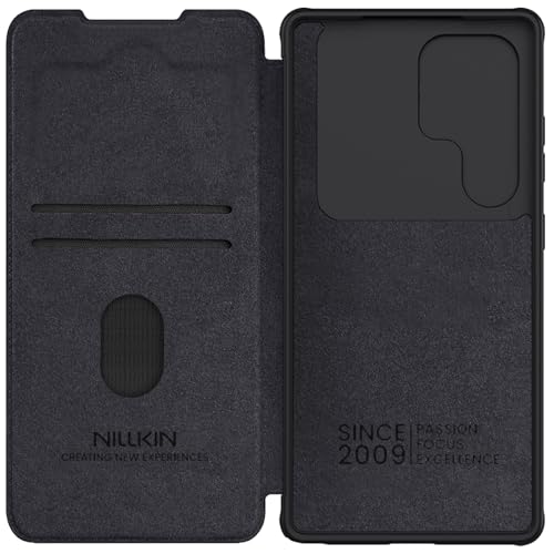 Image of Nillkin Case for Samsung Galaxy S25 Ultra (6.8 inch Inch) Qin Pro Camshield Camera Slider Genuine Classic Leather Flip Folio + Card Slot Black Color