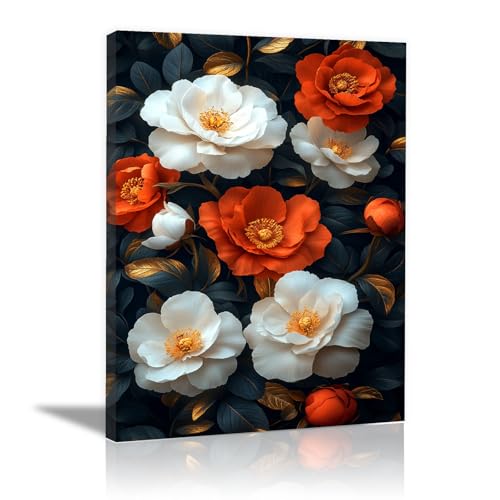 Tableau mural pivoines rouges et dorées 60x90cm prêt à suspendre