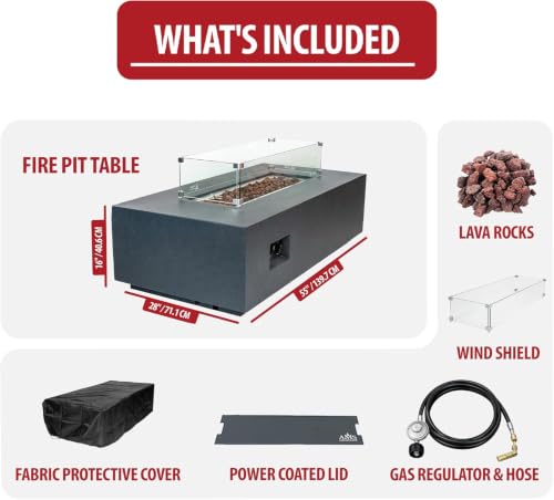Image of AMS Creations | Chelsea 55 inches Rectangular Propane Gas Outdoor Fire Pit Table | Concrete GFRC Fire Pit Table | with SS Burner, Canvas Cover, SS Lid, Lava Rock, and Wind Guard Included