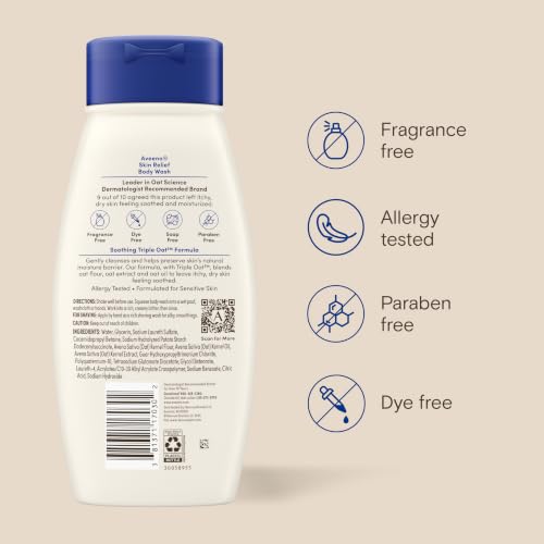Aveeno Skin Relief Body Wash with Triple Oat Complex, Fragrance-Free, Gentle Daily Body Wash for Sensitive Skin Leaves Itchy, Dry Skin Feeling Soothed & Moisturized 18 Fl Oz - image 9