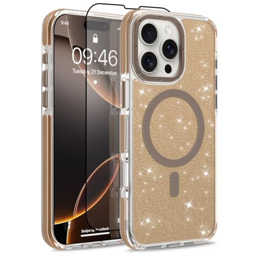 Image of Magnetic Case for iPhone 16 Pro Max [Compatible with Magsafe] [Bling Glitter Fluorescent Design] [1 Screen Protector] Slim Translucent Matte Case for iPhone 16 Pro Max 6.9 inch 2024, Desert
