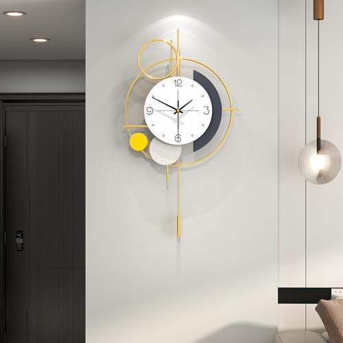 FLEBLE Modern Wall Clock with Pendulum Silent Decorative Wall Clock Battery Operated Gold Unique Large Clock for Living Room,Kitchen,Bedroom Home Decor Gift Idea,13x22.8 inches