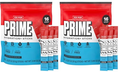 Image of PRIME HYDRATION+ Electrolyte Powder Sticks, Ice Pop, Sugar Free Hydration Drink Mix with Potassium, Magnesium & B Vitamins to Replenish Fluids, Caffeine Free, 16 Count (Pack of 2)
