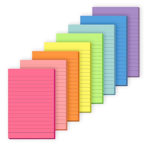 8 Pads Lined Sticky Notes 4x6 Inches,Bright Colors Self-Stick Pads, Solid Color Premium Sticky Pads,Easy to Post for Home, Office,School, Notebook, 45 Sheets/pad-Bright Lined