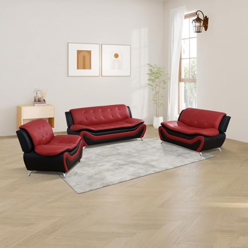 Image of 3 Piece Modern Sofa Set, Faux Leather Couch with Loveseat and Armchair, Living Room Furniture for Home, Modern Style Sectional Seating,Black & Red