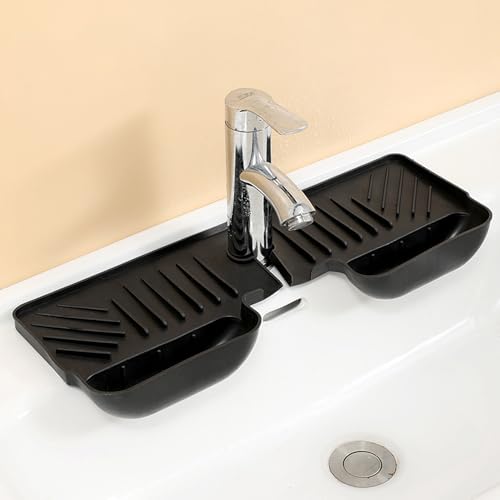 Kitchen Sink Splash Guard – Silicone Faucet Drip Catcher with Sponge Holder, Behind Faucet Drying Mat, Easy Sink Saver Gadget for Bathroom & Kitchen (Black, 5.1