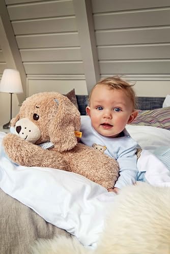 Steiff Gute Nacht Hund - 28 cm - Plüschhund mit Schlappohren - Kuscheltier für Babys - weich & waschbar - beige / blau (239687), Medium