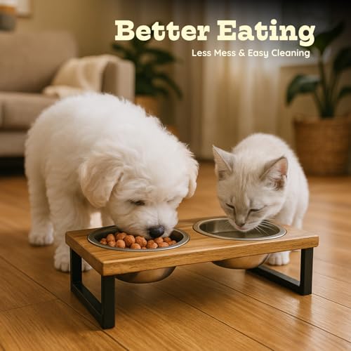 Elevated Dog Bowls, Small 4 inches Height Mango Wood Raised Dogs Bowl Stand with Two 16oz Stainless Steel Pet Dishes | Food & Water 2Cup/0.47L Capacity Nonslip Cats Feeding Station - Image 3