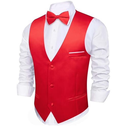 Image of Barry.Wang Mens Suit Vest Bow Tie Set 4PCS Formal V-neck Slim Fit Casual Solid Color Waistcoat Wedding Party Tuxedo