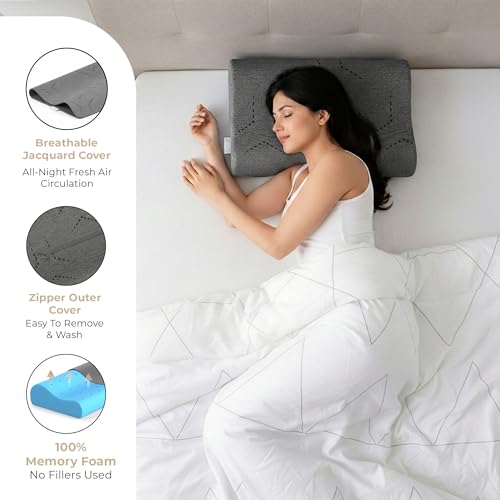 Image of MYARMOR Cool Gel Cervical Pillow for Neck Pain | Contour Design for Neck & Shoulder Pain Relief | Dual Height Ergonomic Support | 18 x 11 x 3.5 Inch | 2 Years Warranty | Grey Cover - Pack of 1