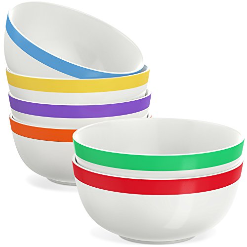 Vremi 17 oz Ceramic Bowl Set of 6 - White Porcelain Kitchen Serving Bowls Microwave Safe for Soup Salad Pasta Dessert Popcorn Dip - 5 inch Ice Cream Bowls with Cute Decorative Colorful Stripe Trim