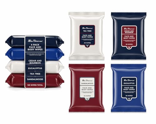 Ben Sherman Mens Face Wipes - 4 Pack (120 Total) Cleansing Wipes for Men with Cedar & Bourban Eucalyptus Tea Tree & Sandalwood