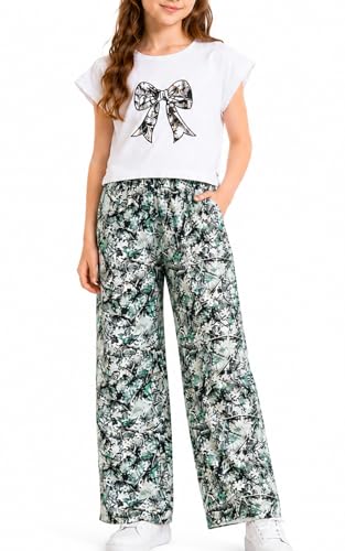 Image of Girls 2 Piece Outfits Star Print Ruffle Sleeve Tops and Wide Leg Pants Set Summer Clothes